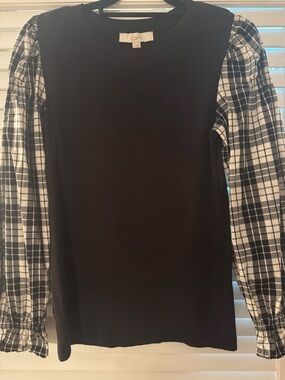 LOFT Black Top with Black and White Plaid Puff Sleeves